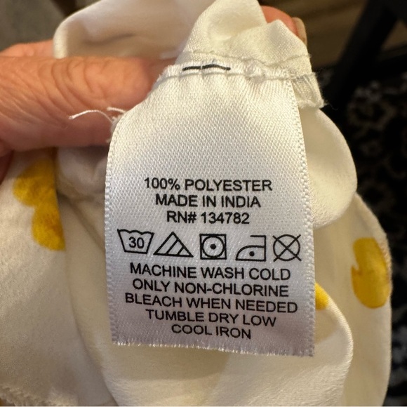 Blush white yellow & blue floral off the shoulder mini dress, faux wrap, M. - Picture 10 of 11